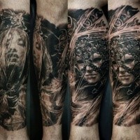 Fantasy style colored leg tattoo of fantasy woman with mask