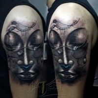 Fantasy style colored shoulder tattoo of impressive woman mask