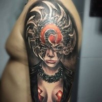 Fantasy style colored shoulder tattoo of tribal woman