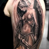 Fantasy style colored shoulder tattoo of seductive angel woman
