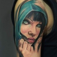 Fantasy style colored shoulder tattoo of woman with clock