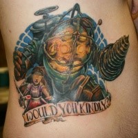 Fantasy style colored side tattoo of cartoon robot with lettering