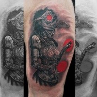 Fantasy style colored tattoo of woman plague doctor with red circles