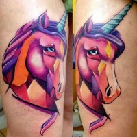 Fantasy style colored unicorn tattoo on thigh