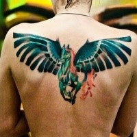 Fantasy style colored upper back tattoo of flying horse
