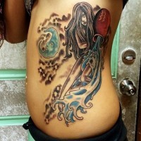 Fantasy style colored woman Aquarius tattoo on side with moon and stars