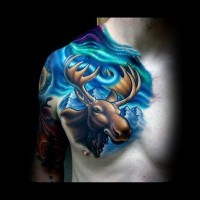 Fantasy style multicolored chest tattoo of funny elk and mountains