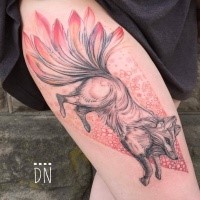Fantasy themed by Dino Nemec thigh tattoo of fox