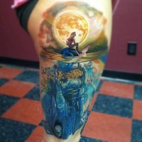 Fantasy world beautiful painted multicolored underwater life with mermaid and big moon tattoo on thigh