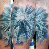Fantasy world multicolored ice man tattoo on leg