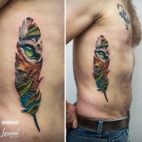 Feather shaped colored side tattoo stylized with tiger look