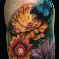 Tatuaje en el brazo, mariposa en campo de flores