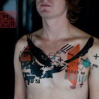 Flying eagle colored chest tattoo in Polka trash style with lettering