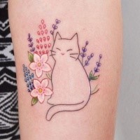 For girls style colored shoulder tattoo of cat with flowers