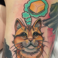 For girls style colored tattoo of cat with butter