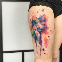 For girls style watercolor style thigh tattoo of cute cat
