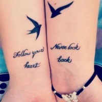 Friendship quote tattoos with birds on wrists