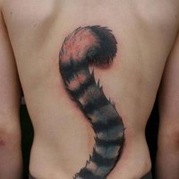 Funny 3D realistic painted and colored cat tail tattoo on back