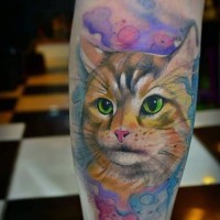 Tatuaje colorido en la pierna, gato bonito en el fondo multicolor