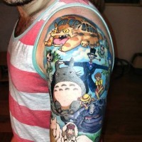 Funny Asian cartoon colored various heroes tattoo on shoulder