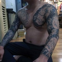 Funny Asian style black ink both sleeve tattoos of various faces