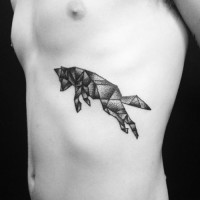Funny black ink abstract geometrical side tattoo of fox