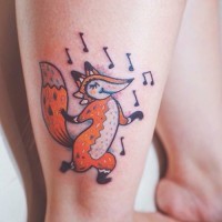 Funny cartoon dancing fox and music notes colored tattoo on ankle