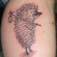 Funny cartoon hedgehog with bag on stick cute detailed tattoo