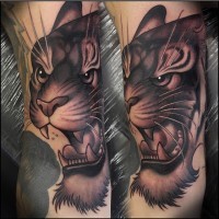 Funny cartoon like 3D style colored arm tattoo of roaring tiger