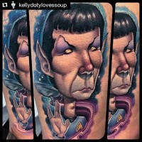 Funny cartoon like colored arm tattoo of Star Trek Spock