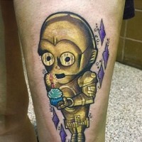 Funny cartoon like colored C3Po with cup cake tattoo on thigh