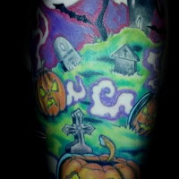 Funny cartoon like colored creepy cemetery tattoo stylized with monster pumpkins and bats