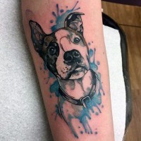 Funny cartoon like colored little cute dog portrait tattoo on arm