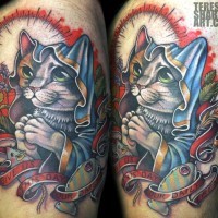 Funny cartoon like colored praying cat tattoo combined with lettering and mouse