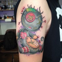 Funny cartoon like colored shoulder tattoo of corrupted voodoo doll