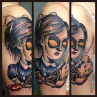 Funny cartoon style colored evil demonic girl tattoo on shoulder