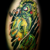 Funny cartoon style colored naked woman zombie tattoo