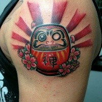 Funny cartoon style colored shoulder tattoo of daruma doll with flowers