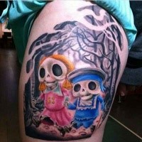 Funny cartoon style colored skeleton human in forest tattoo on thigh