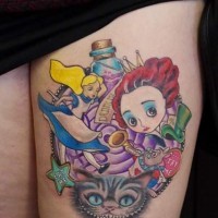 Funny cartoon style colored thigh tattoo of Alice in wonderlands heroes