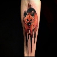 Funny cartoon style fox tattoo on forearm