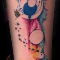 Funny cartoon style multicolored geometrical tattoo on arm