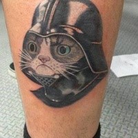 Funny colored grumpy cat in Darth Vader's helm colored thigh tattoo
