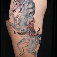 Funny colored Gypsy horse with flowers and nice saddle tattoo