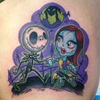 Funny comic books style colored Nightmare before Christmas couple tattoo with funny moon