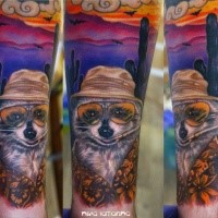 Funny designed and colored arm tattoo of smoking raccoon