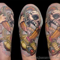 Funny designed and colored shoulder tattoo of skeleton and pencils in snake head