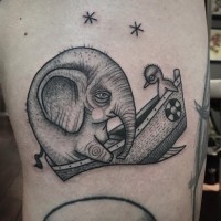 Funny designed black ink elephant with duck in boat tattoo stylized with stars