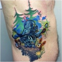 Funny designed colored cartoon style side tattoo of Darth Vader with animals in forest