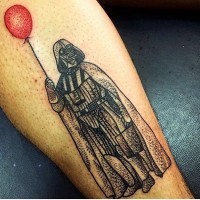 Funny designed colored little Darth Vader tattoo on forearm with red balloon